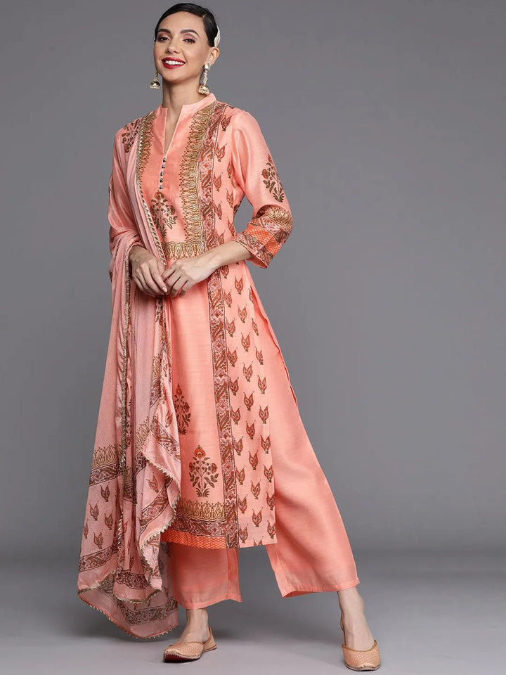 Peach Printed Chanderi Silk Suit Set - Libas