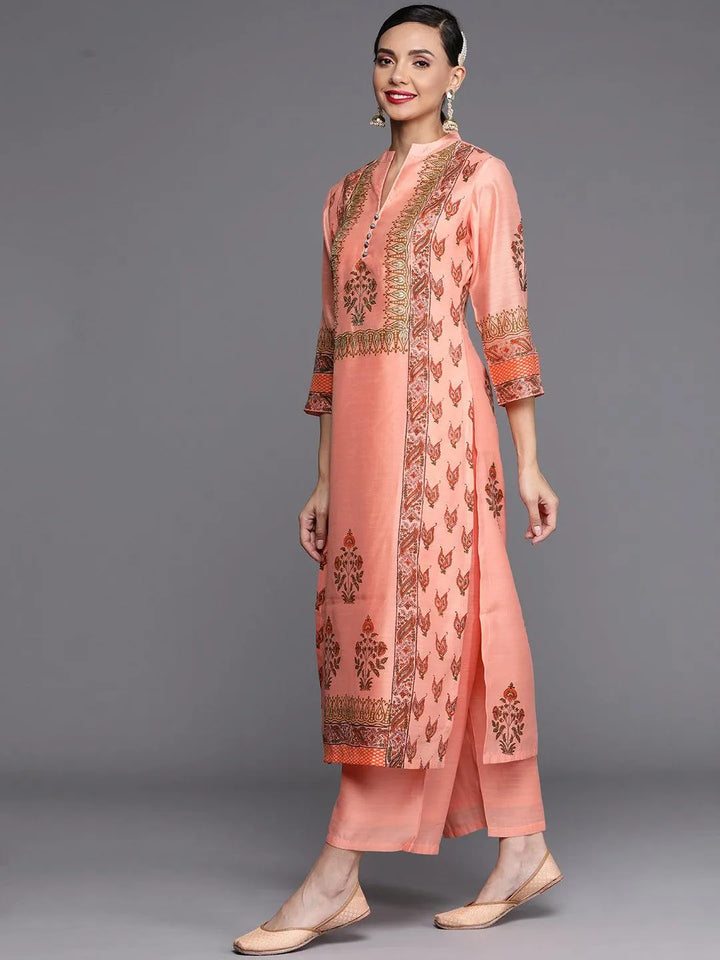 Peach Printed Chanderi Silk Suit Set - Libas