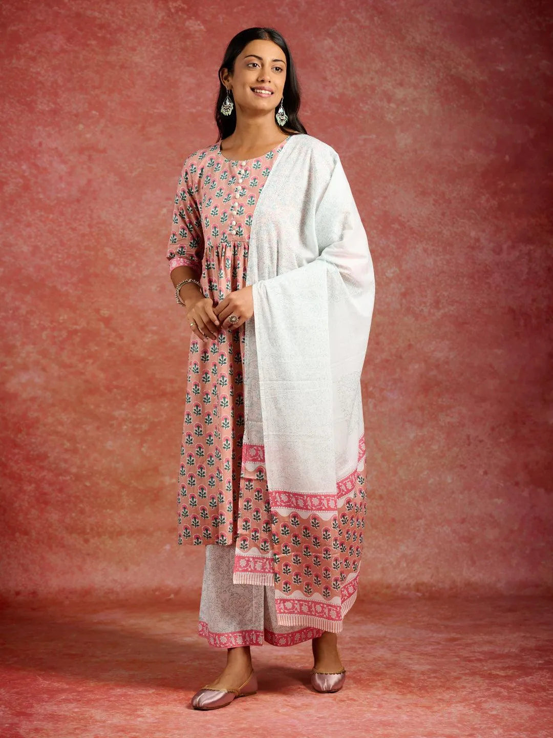 Peach Printed Cotton A-Line Kurta With Palazzos & Dupatta - Libas