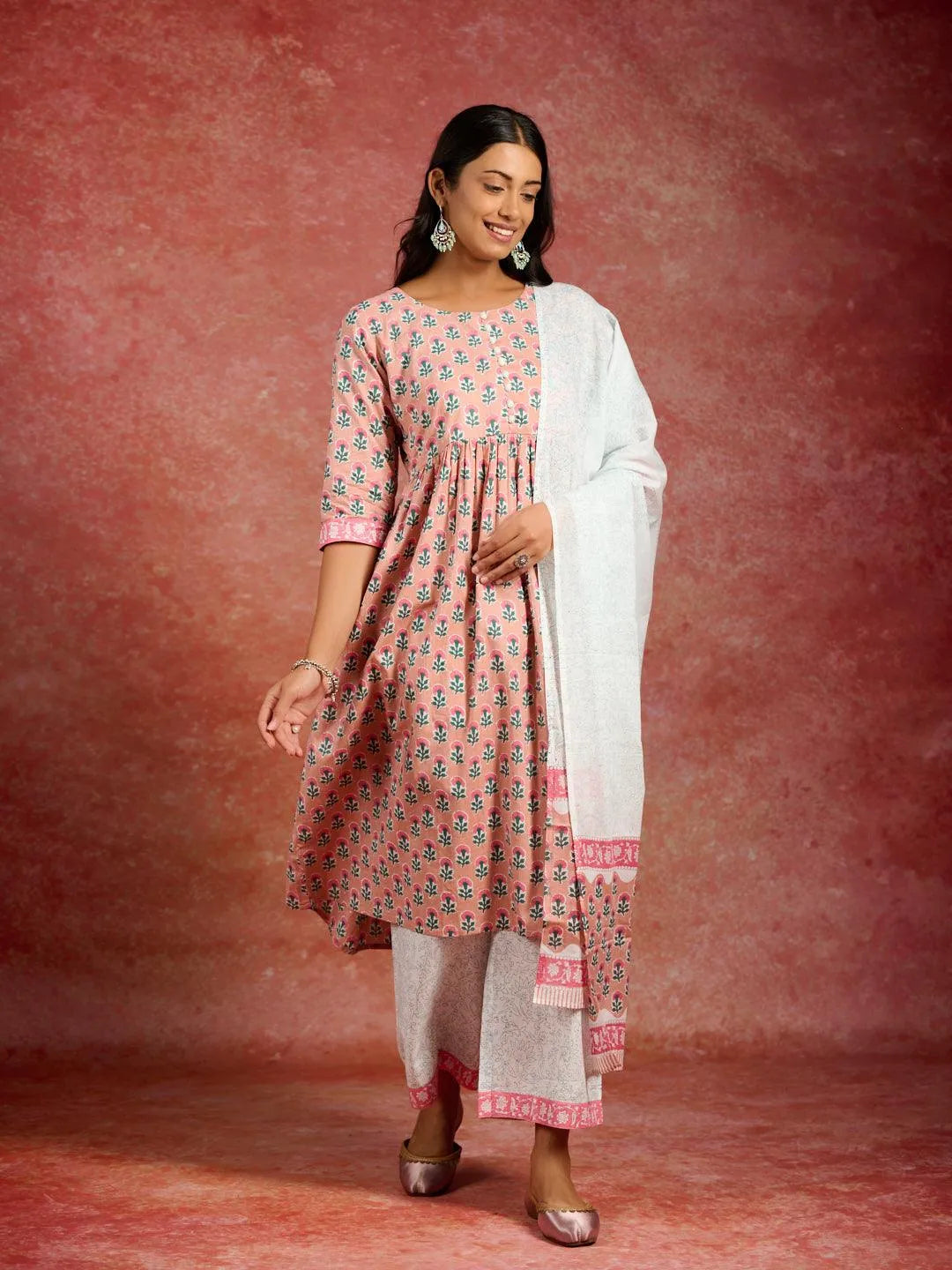 Peach Printed Cotton A-Line Kurta With Palazzos & Dupatta - Libas