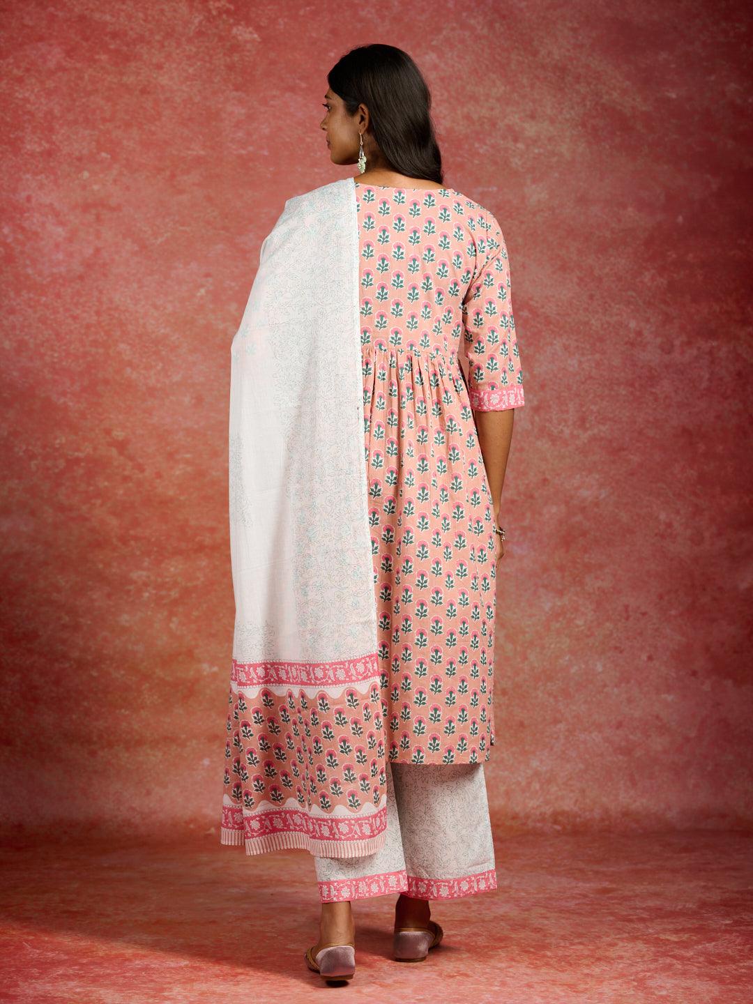 Peach Printed Cotton A-Line Kurta With Palazzos & Dupatta - Libas