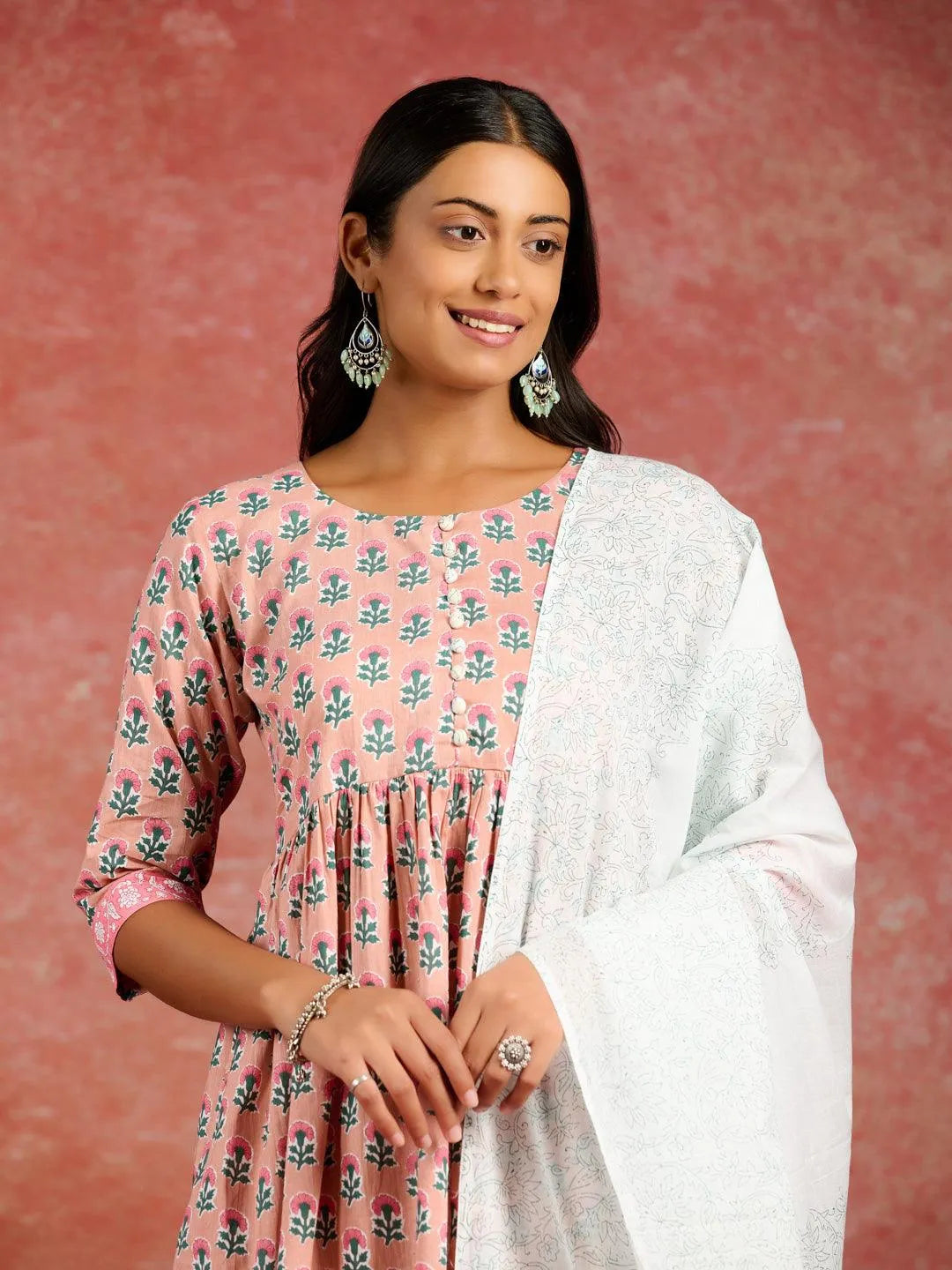 Peach Printed Cotton A-Line Kurta With Palazzos & Dupatta - Libas