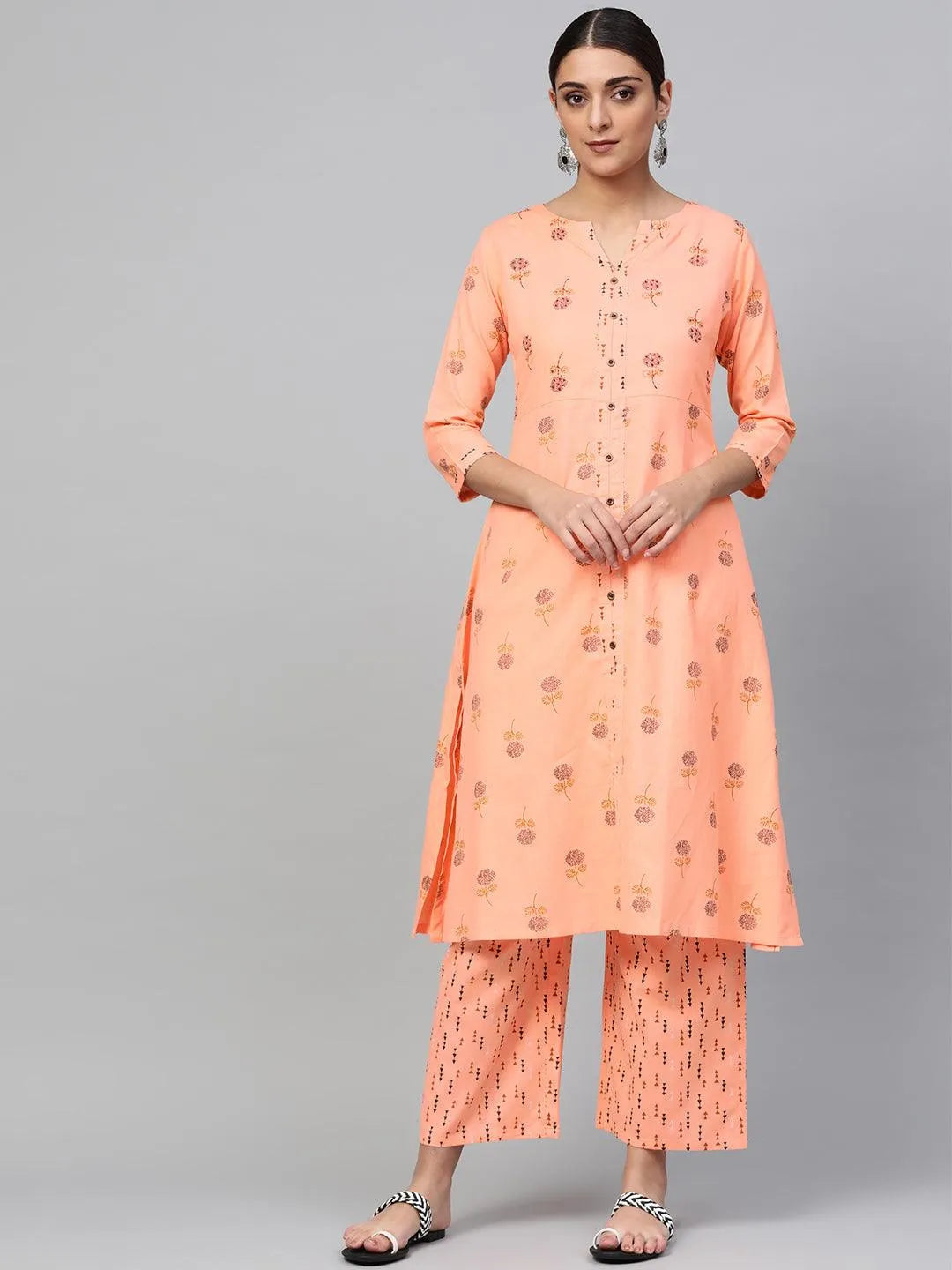 Peach Printed Cotton A-Line Kurta With Palazzos - Libas