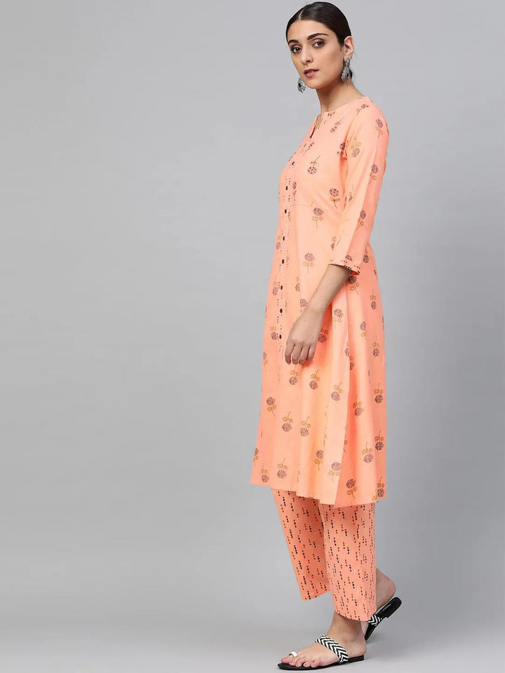 Peach Printed Cotton A-Line Kurta With Palazzos - Libas