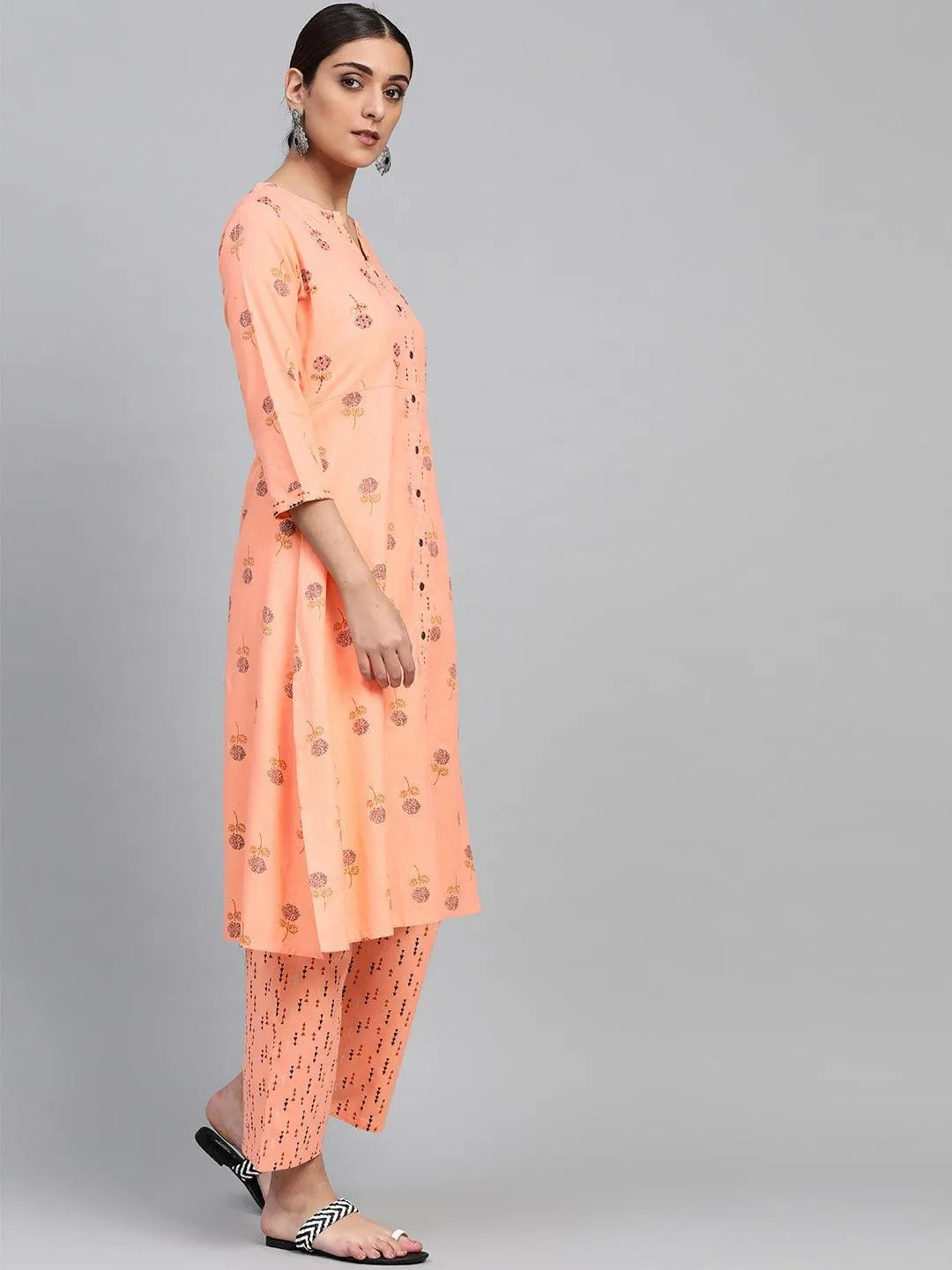 Peach Printed Cotton A-Line Kurta With Palazzos - Libas