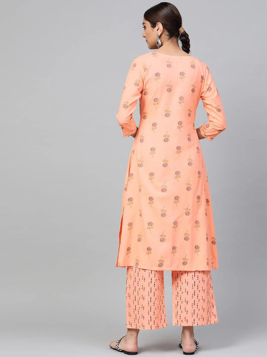 Peach Printed Cotton A-Line Kurta With Palazzos - Libas