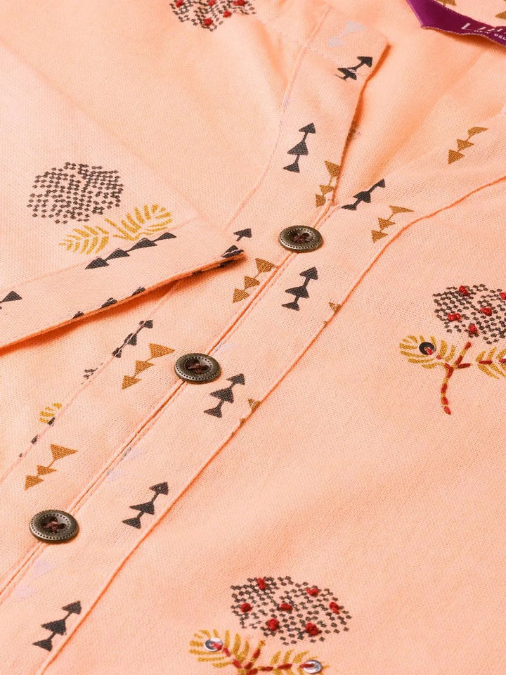 Peach Printed Cotton A-Line Kurta With Palazzos - Libas