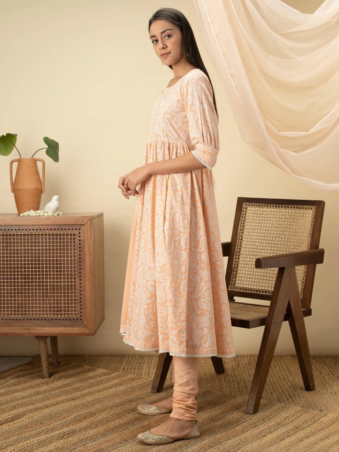 Peach Printed Cotton Suit Set - Libas 