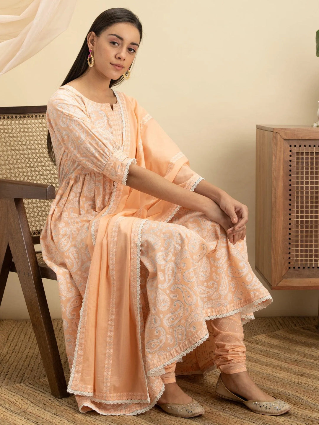 Peach Printed Cotton Suit Set - Libas 