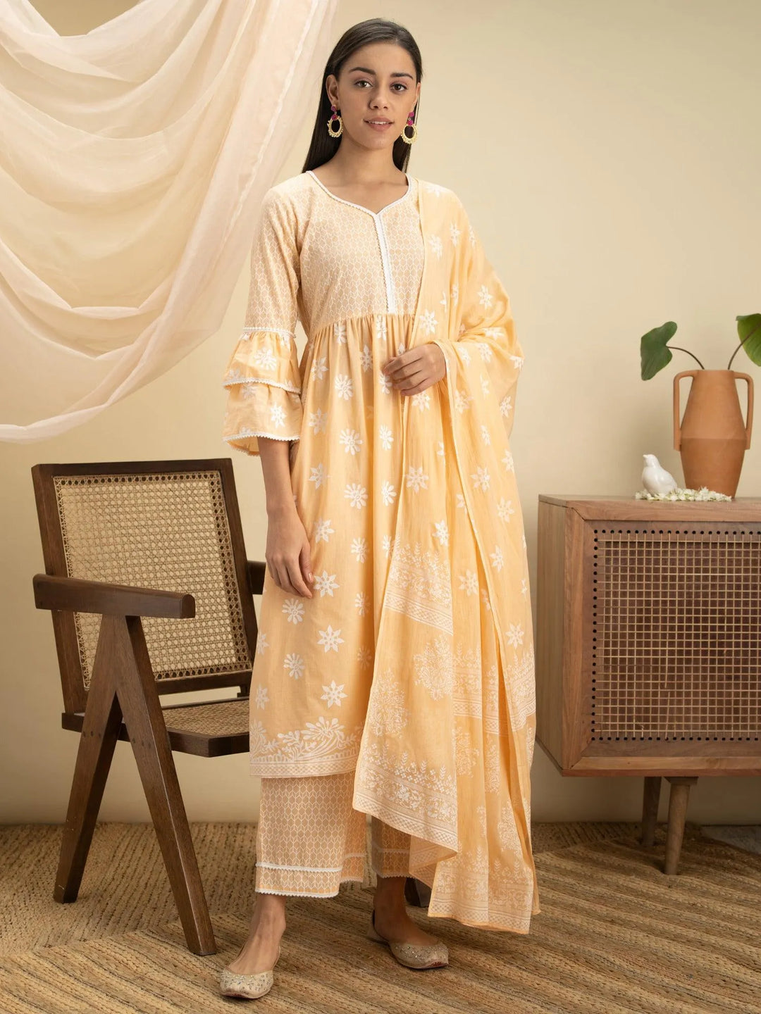 Peach Printed Cotton Suit Set - Libas 