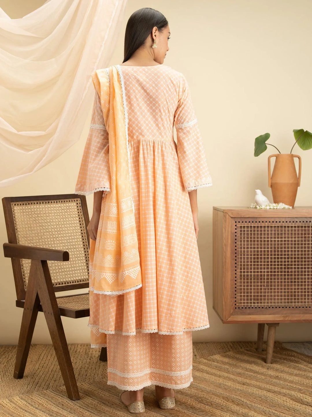 Peach Printed Cotton Suit Set - Libas 