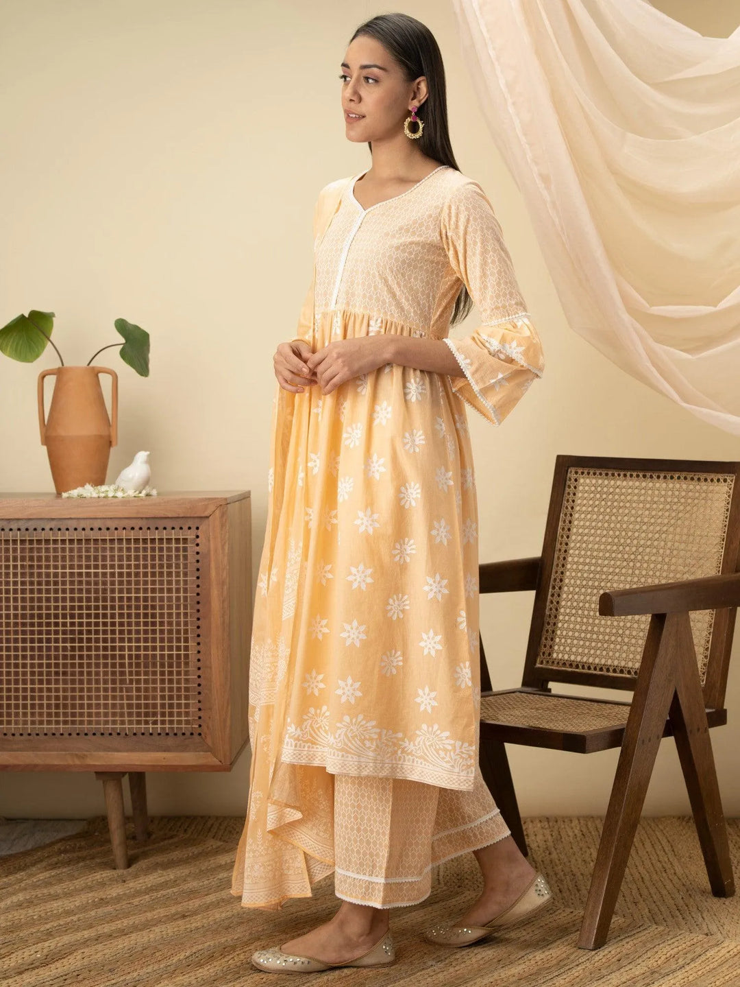 Peach Printed Cotton Suit Set - Libas 