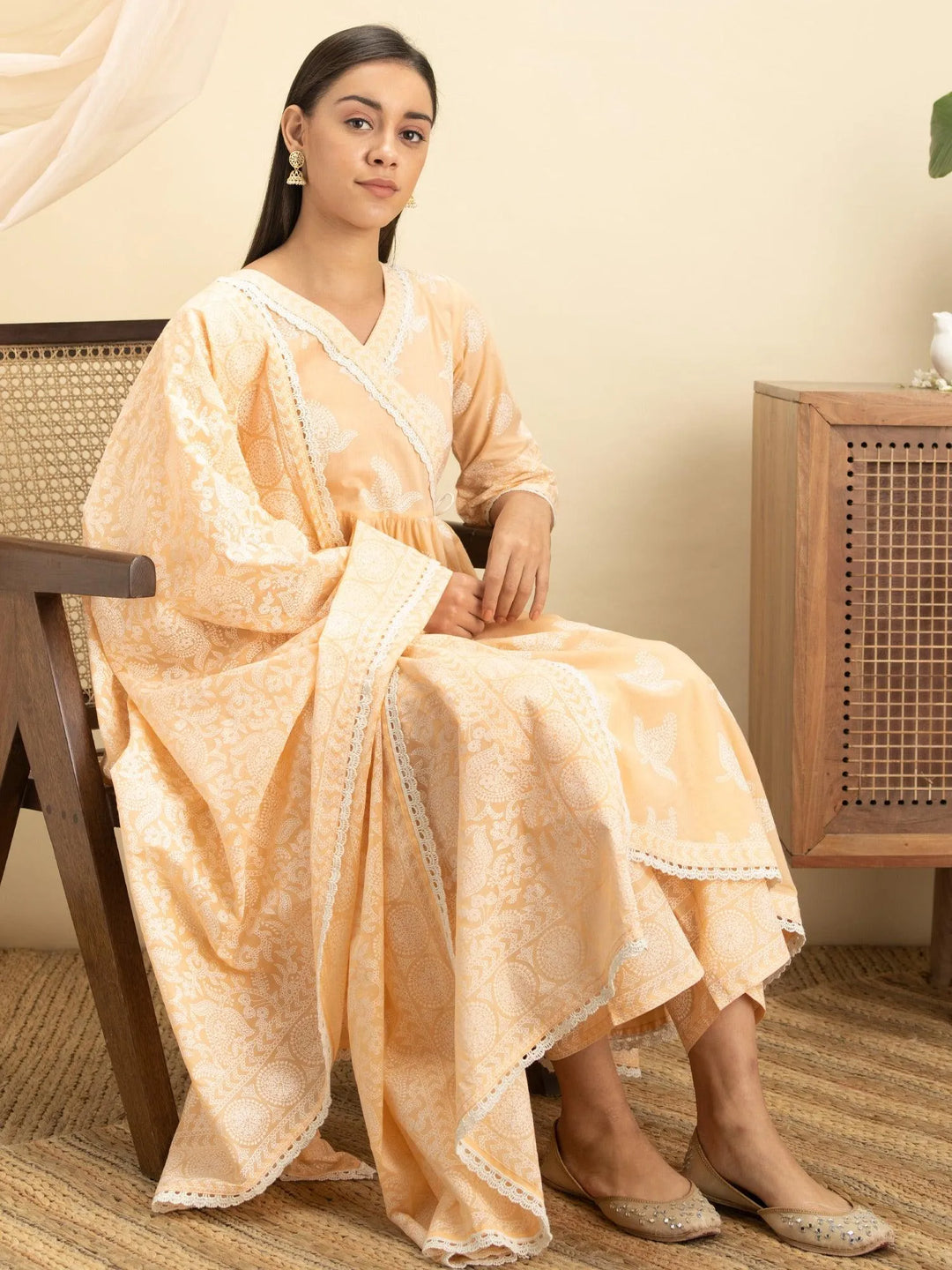 Peach Printed Cotton Suit Set - Libas 