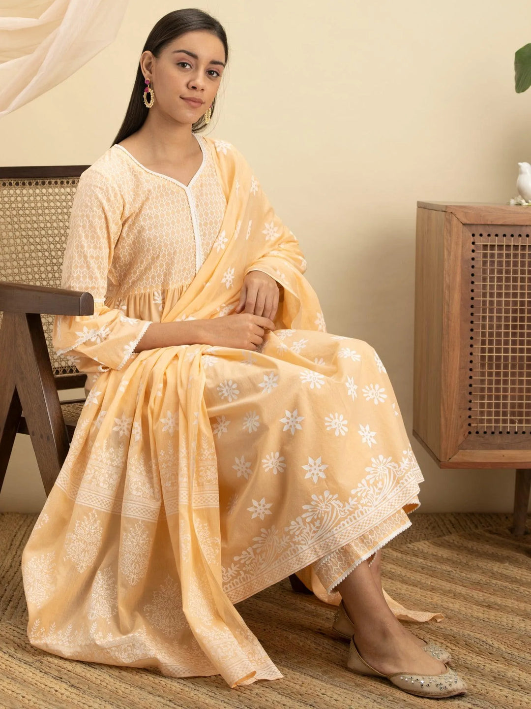 Peach Printed Cotton Suit Set - Libas