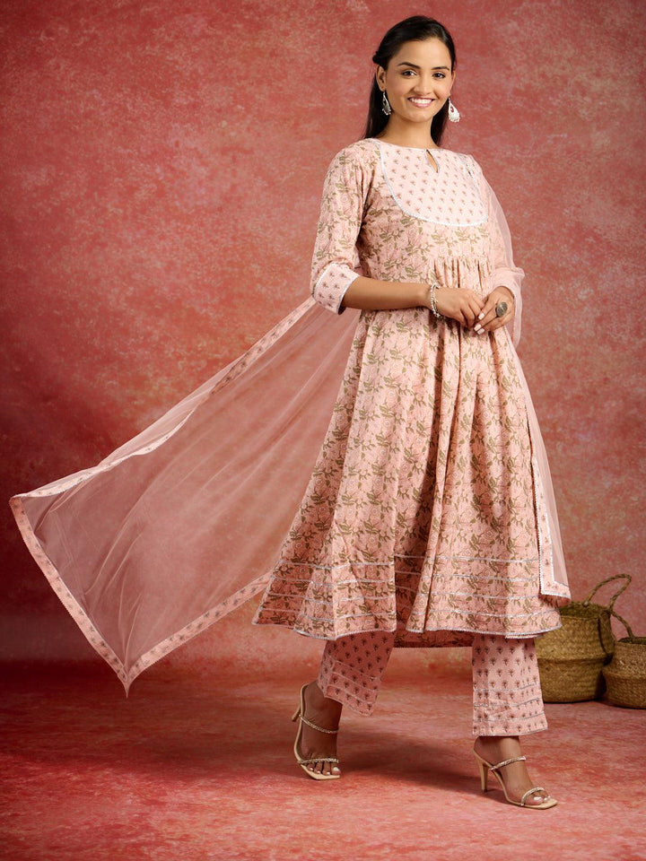 Peach Printed Cotton Anarkali Kurta With Trousers & Dupatta - Libas