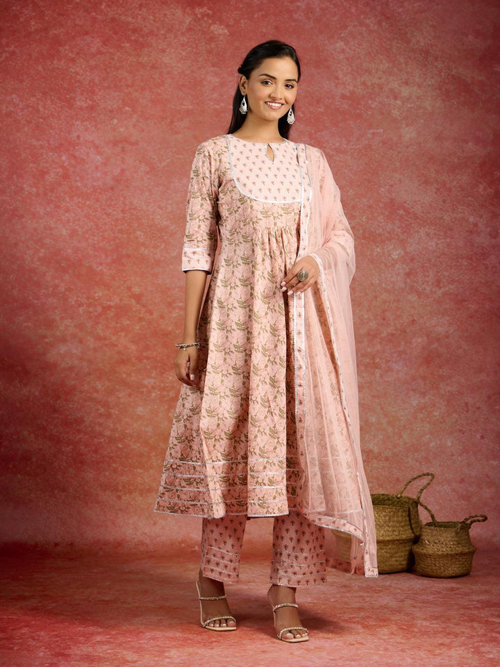 Peach Printed Cotton Anarkali Kurta With Trousers & Dupatta - Libas