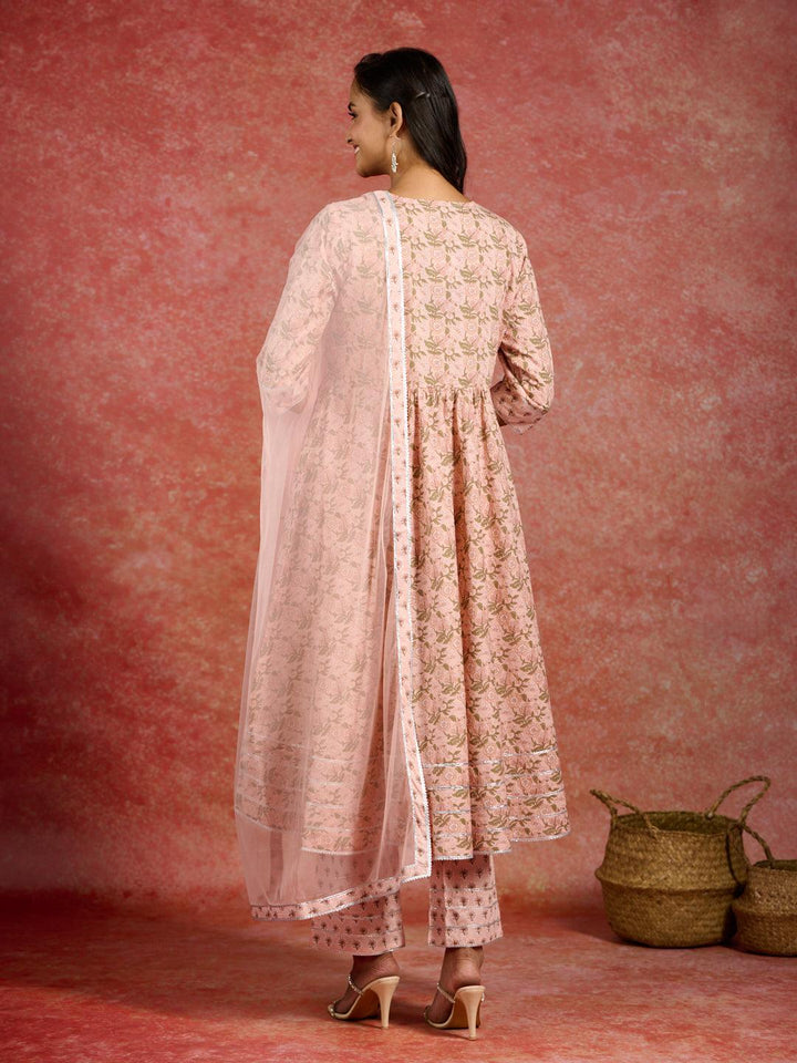 Peach Printed Cotton Anarkali Kurta With Trousers & Dupatta - Libas