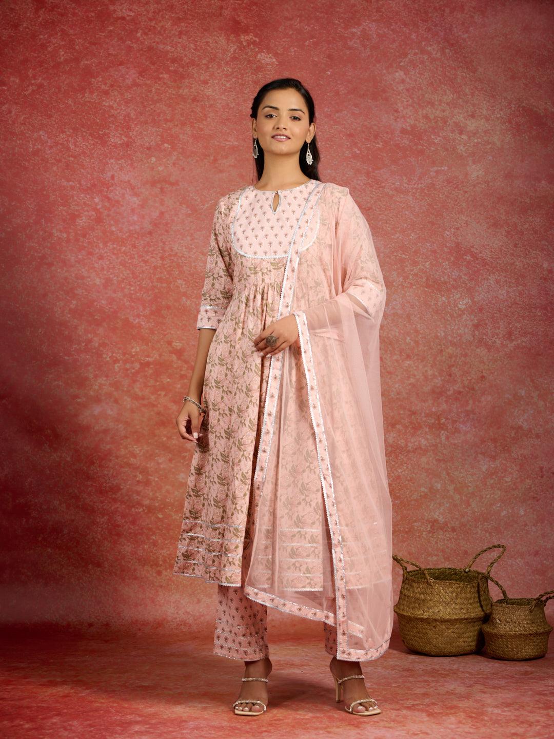 Peach Printed Cotton Anarkali Kurta With Trousers & Dupatta - Libas