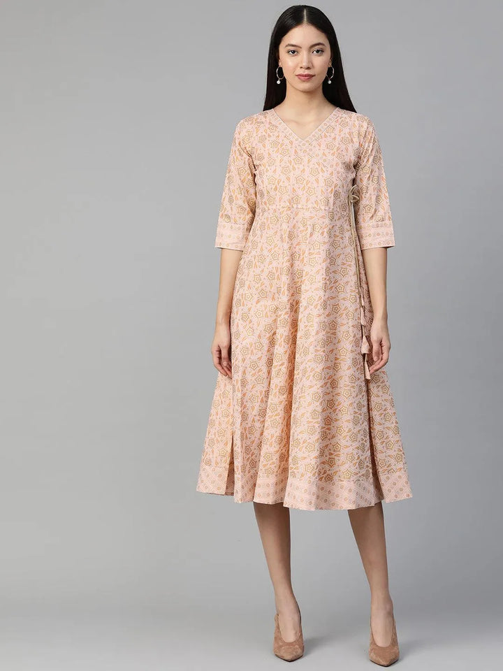 Peach Printed Cotton Dress - Libas