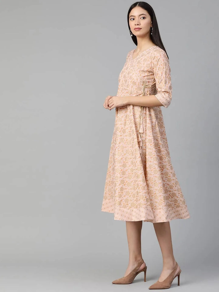 Peach Printed Cotton Dress - Libas