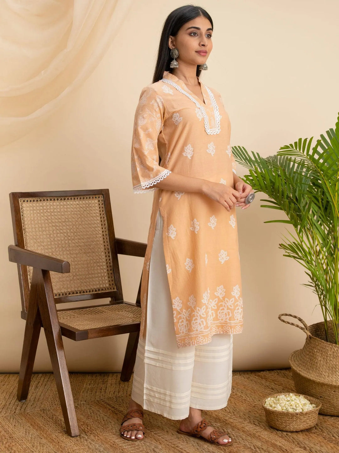 Peach Printed Cotton Kurta - Libas