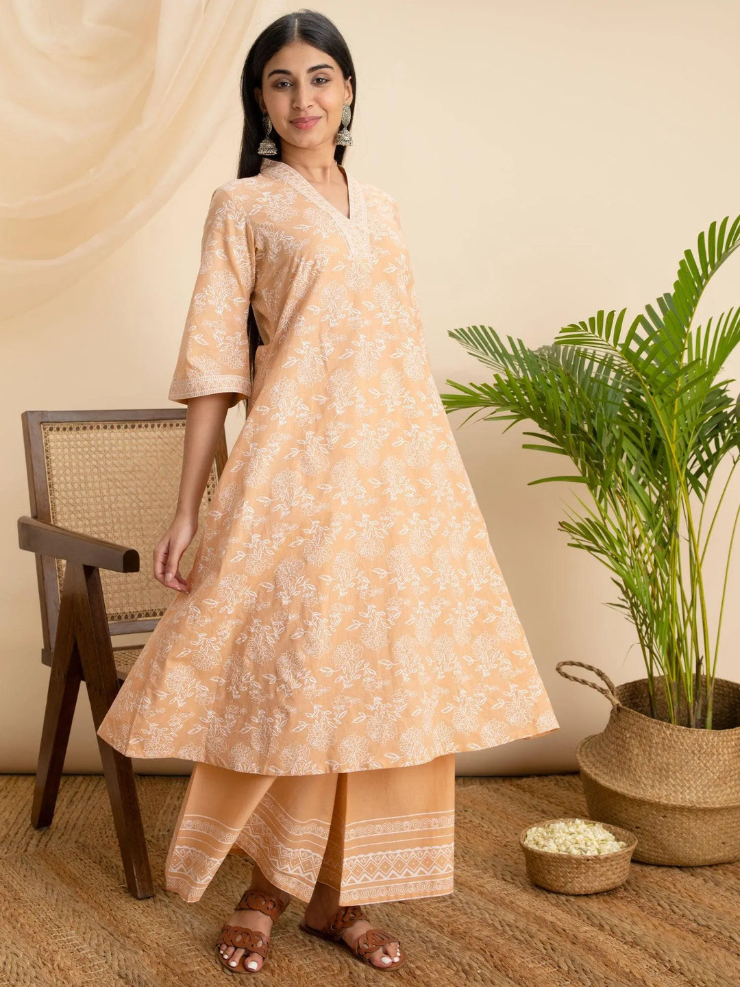 Peach Printed Cotton Kurta - Libas