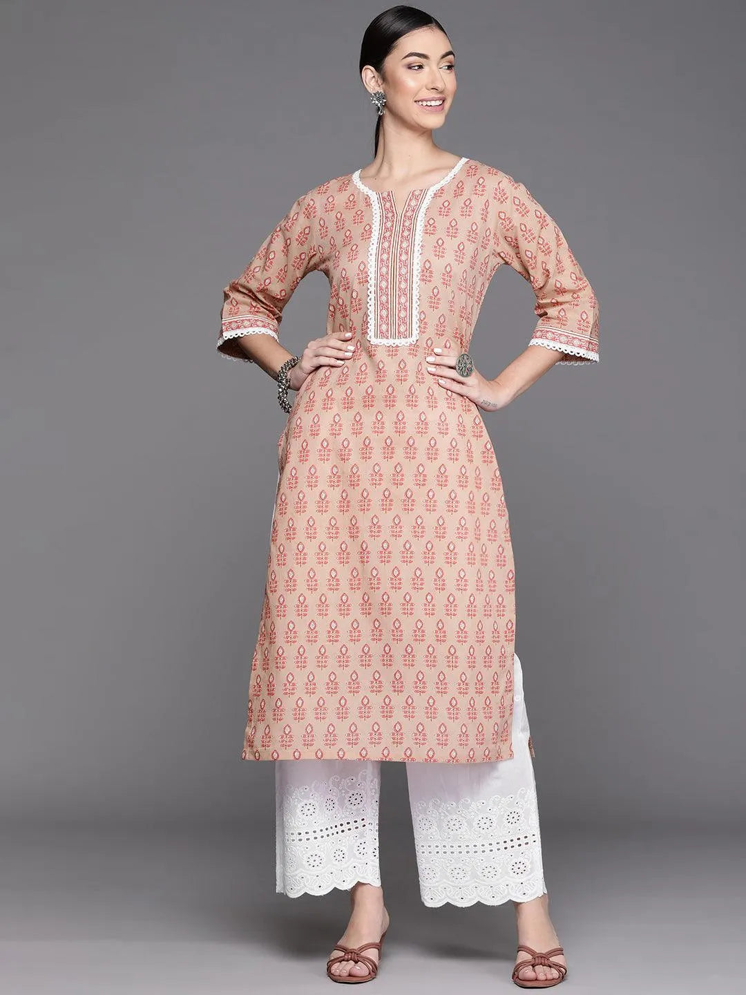 Peach Printed Cotton Kurta - Libas