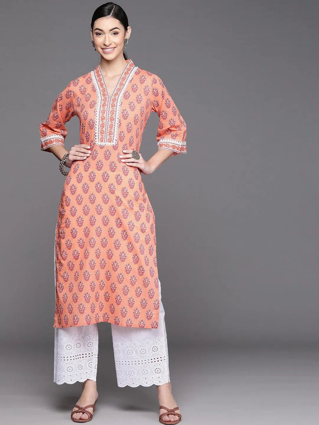 Peach Printed Cotton Kurta - Libas