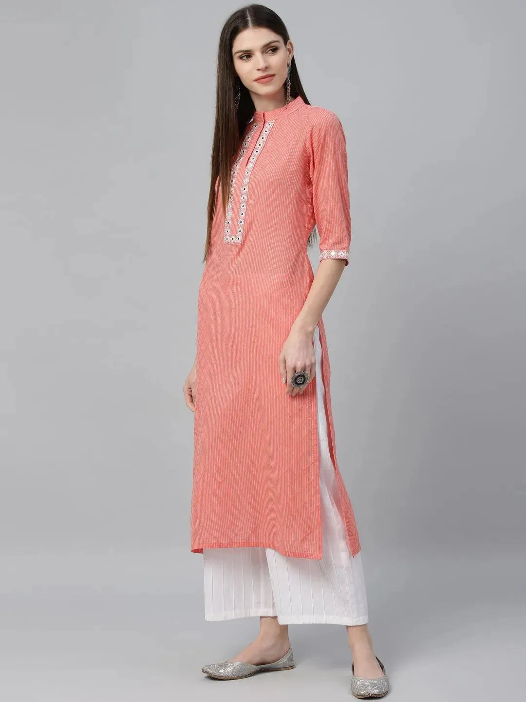 

Buy Peach Printed Cotton Kurta - 8917- | Libas Ethnic Wear Online