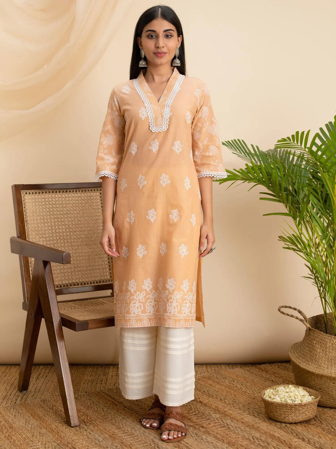 Peach Printed Cotton Kurta - Libas