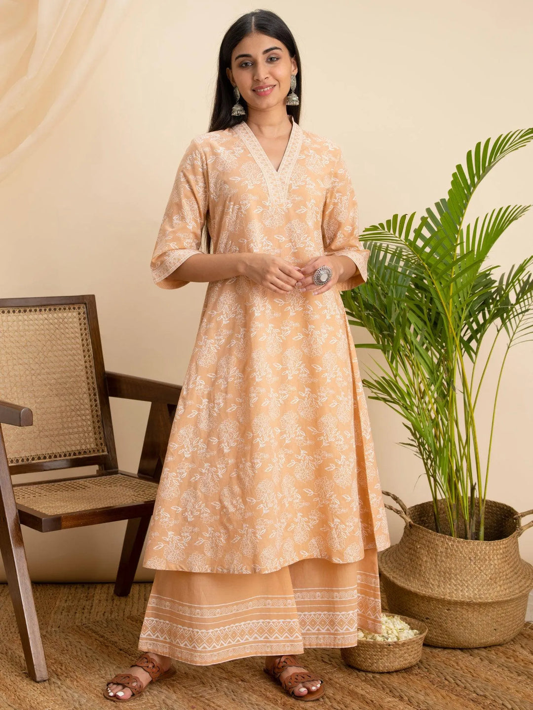 Peach Printed Cotton Kurta - Libas