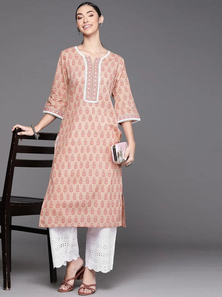 Peach Printed Cotton Kurta - Libas