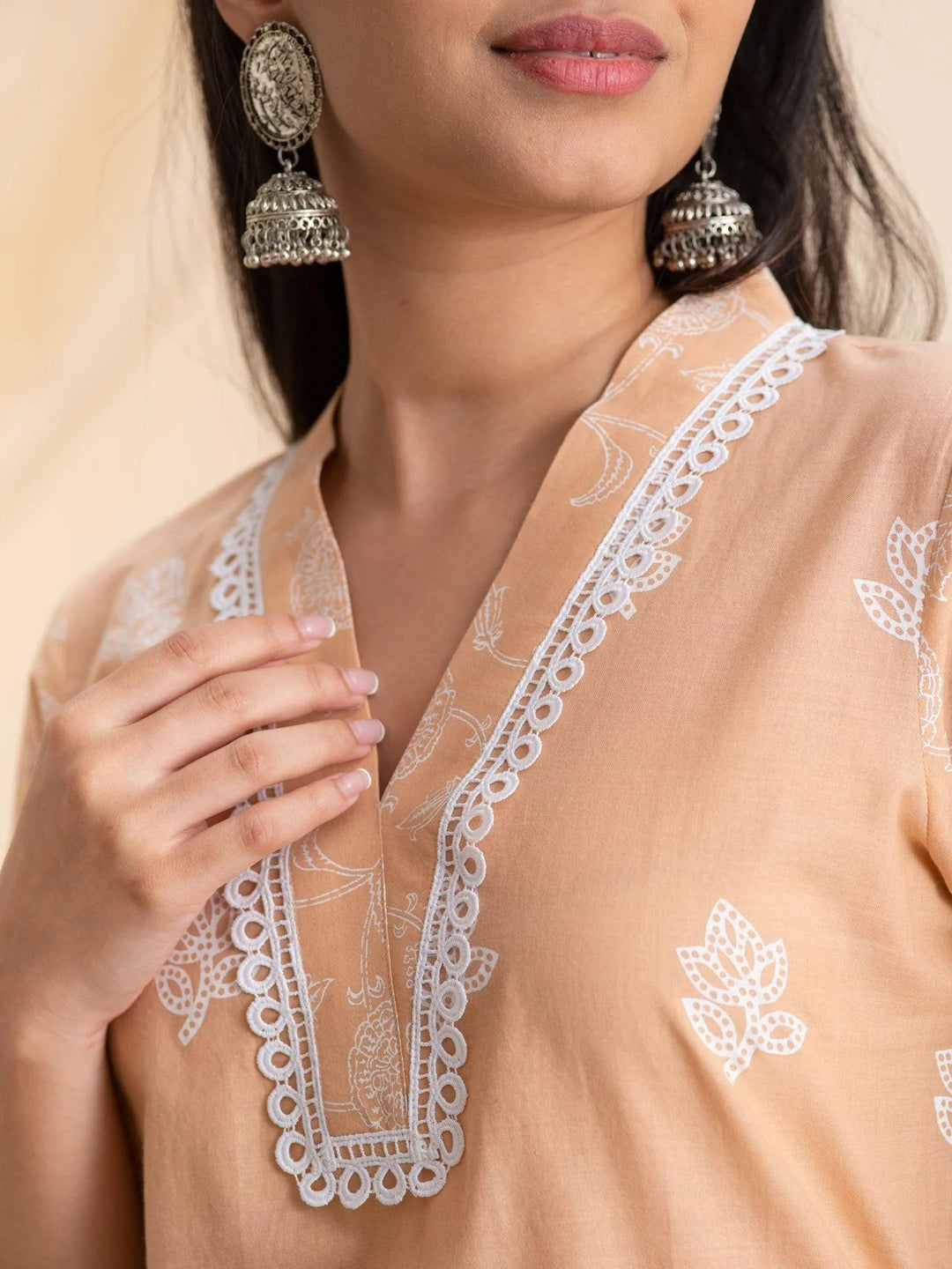 Peach Printed Cotton Kurta - Libas