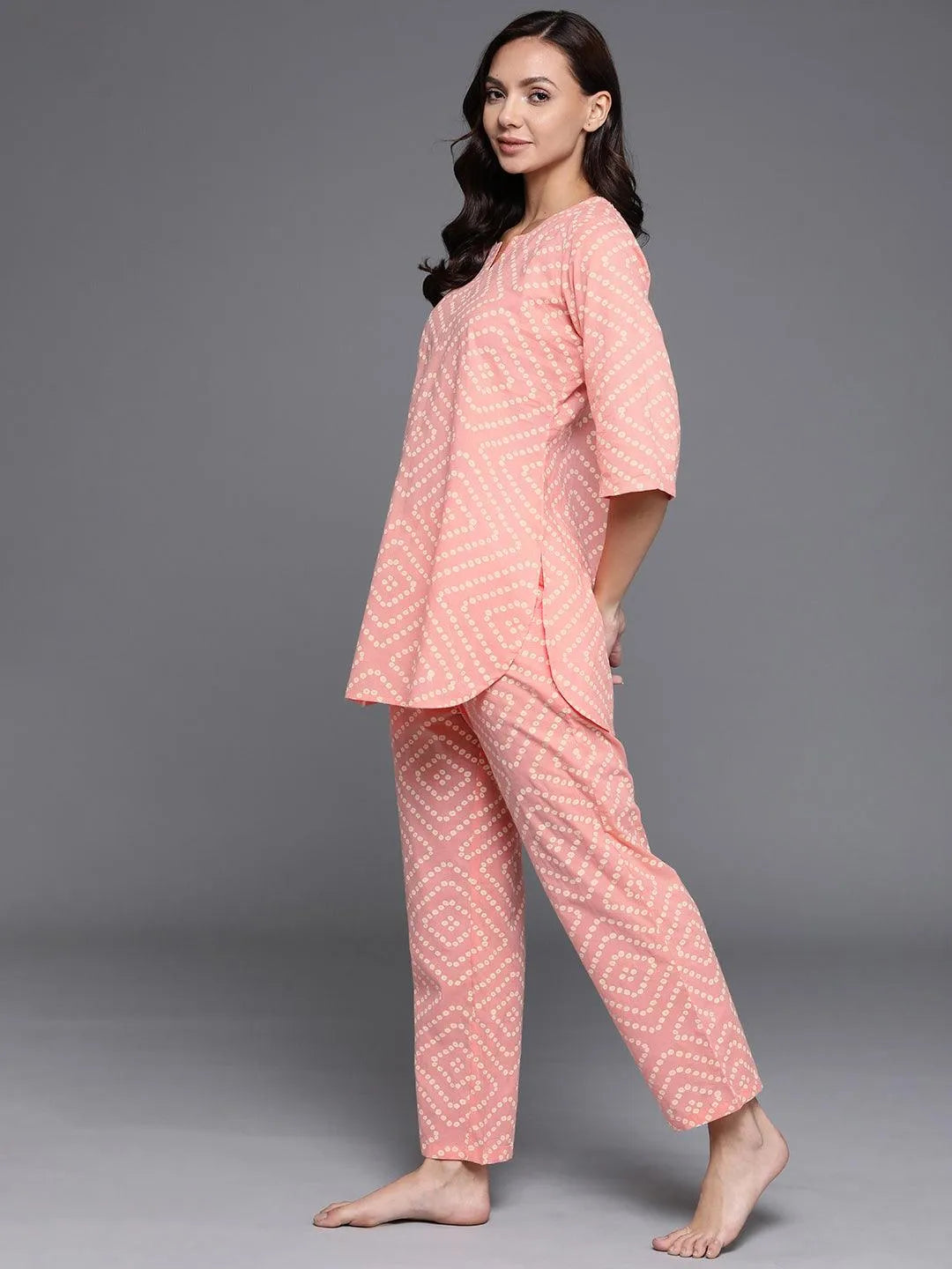 Peach Printed Cotton Night Suit - Libas