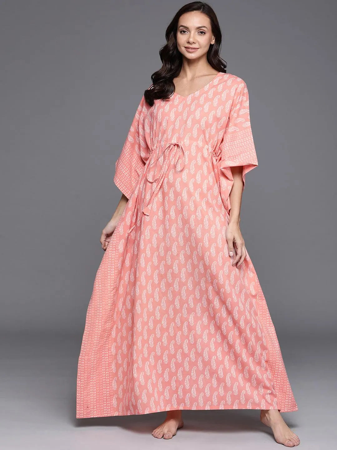 Peach Printed Cotton Nightdress - Libas