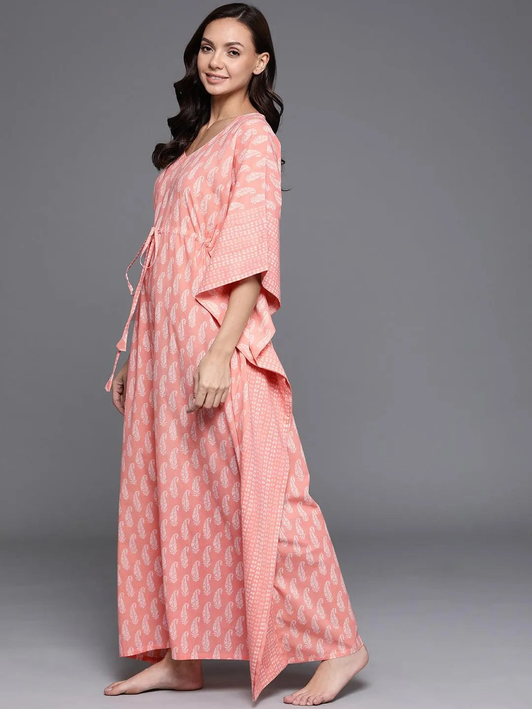 Peach Printed Cotton Nightdress - Libas