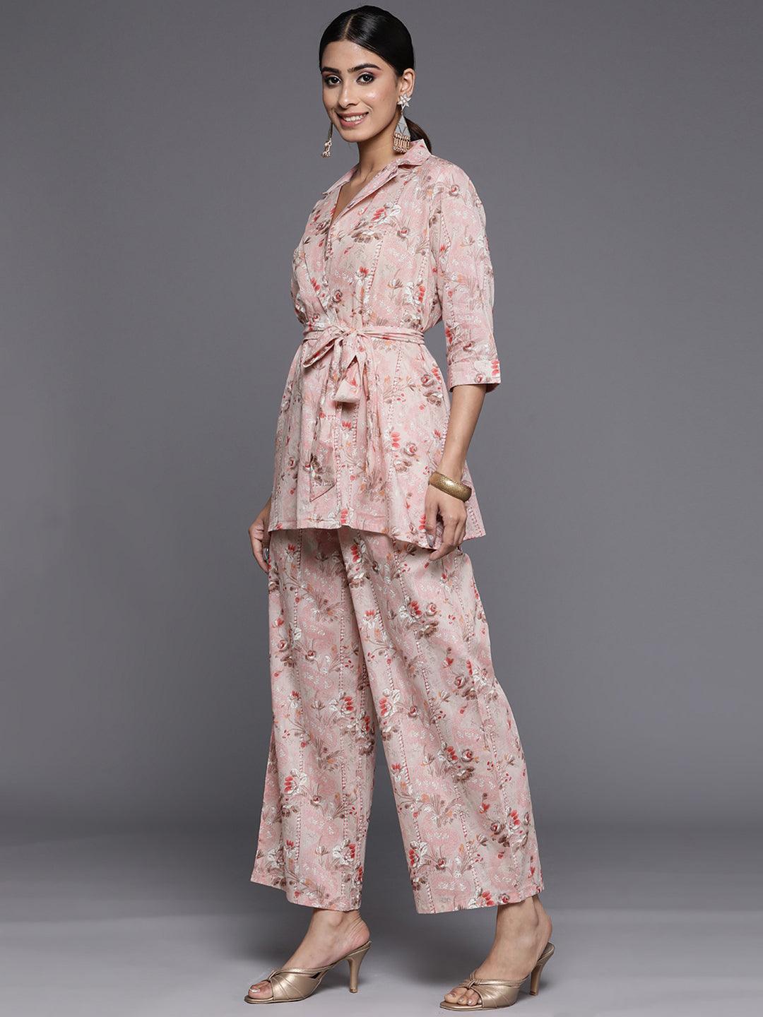 Peach Printed Cotton Shirt With Palazzos