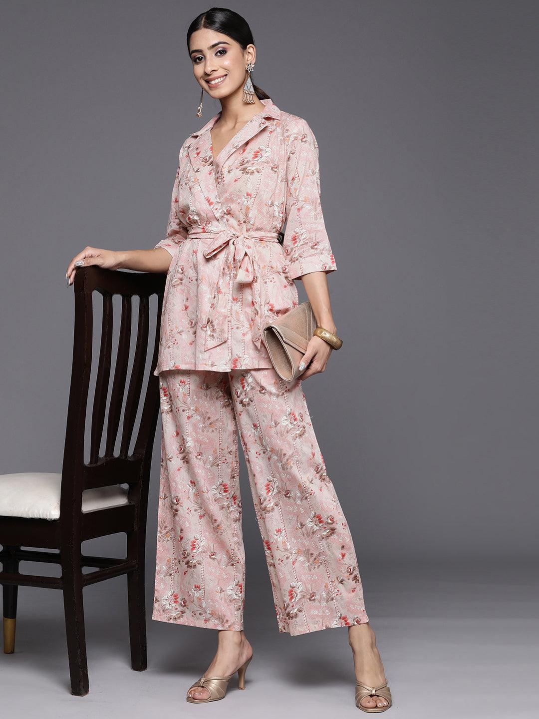 Peach Printed Cotton Shirt With Palazzos