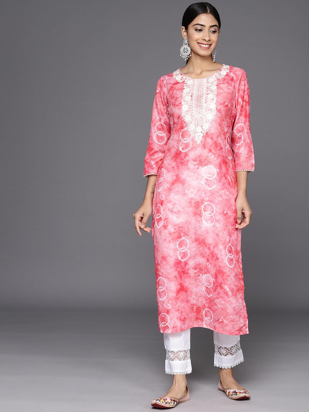 Peach Printed Cotton Straight Kurta - Libas