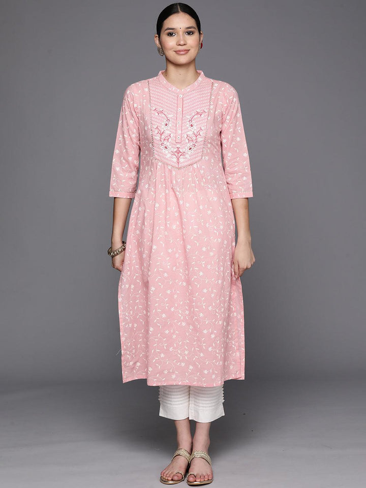 Peach Printed Cotton Straight Kurta - Libas