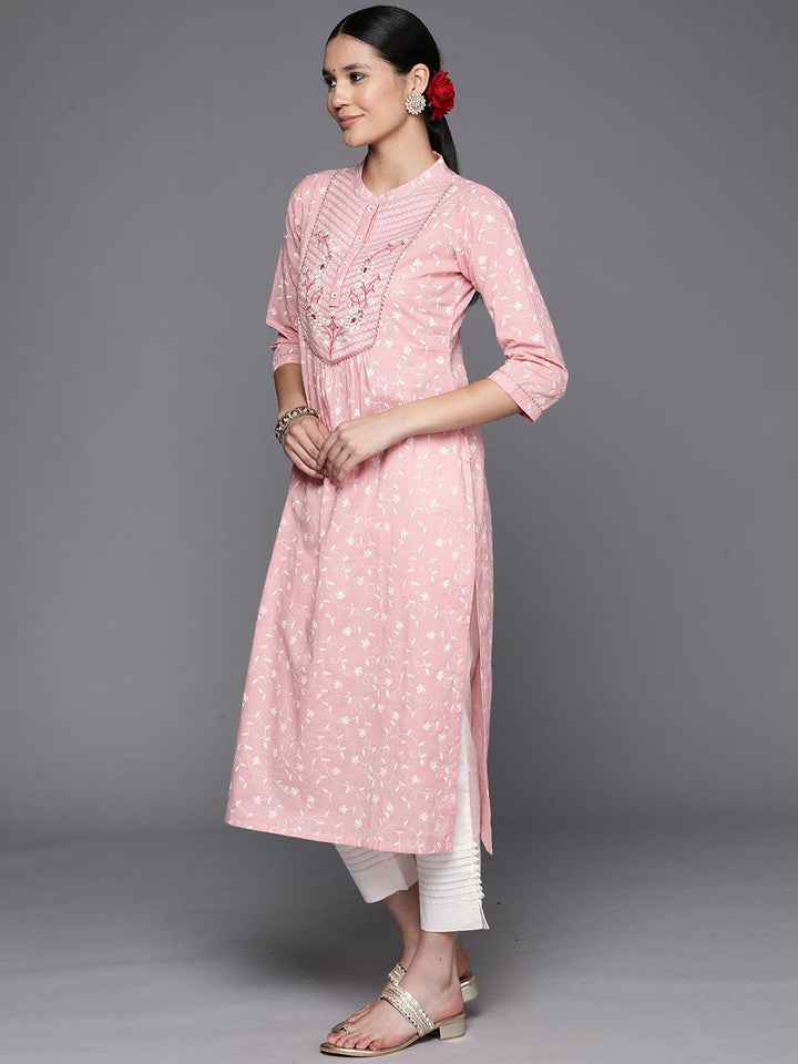 Peach Printed Cotton Straight Kurta - Libas