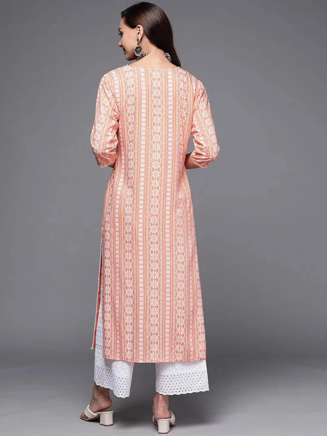 

Peach Printed Cotton Straight Kurta