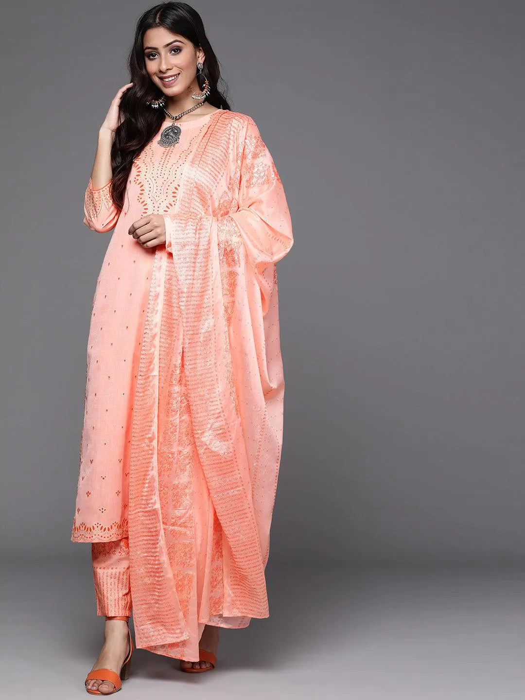 Peach Printed Cotton Suit Set - Libas