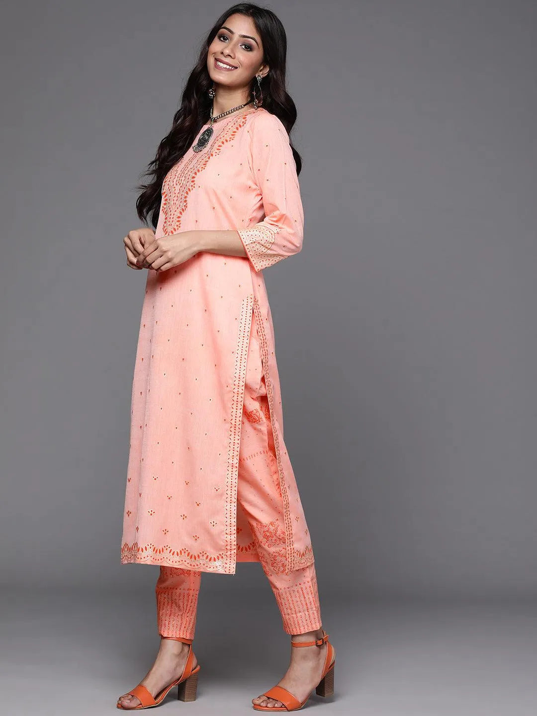 Peach Printed Cotton Suit Set - Libas