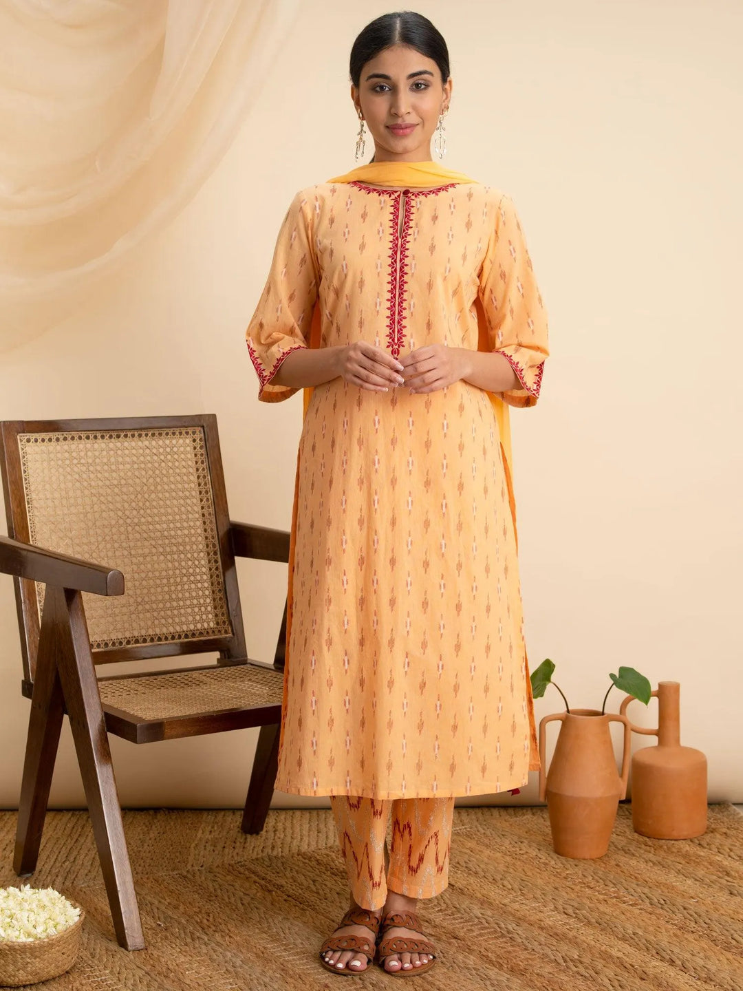 Peach Printed Cotton Suit Set - Libas 