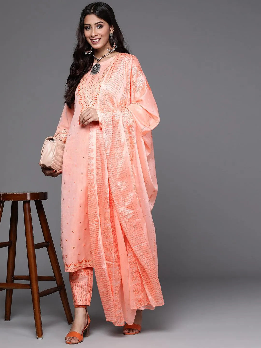 Peach Printed Cotton Suit Set - Libas