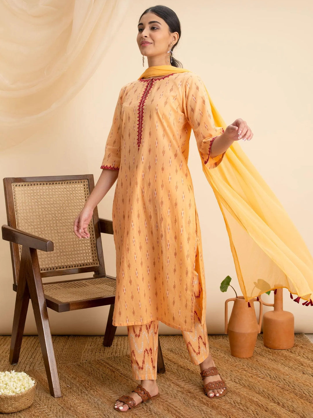 Peach Printed Cotton Suit Set - Libas 