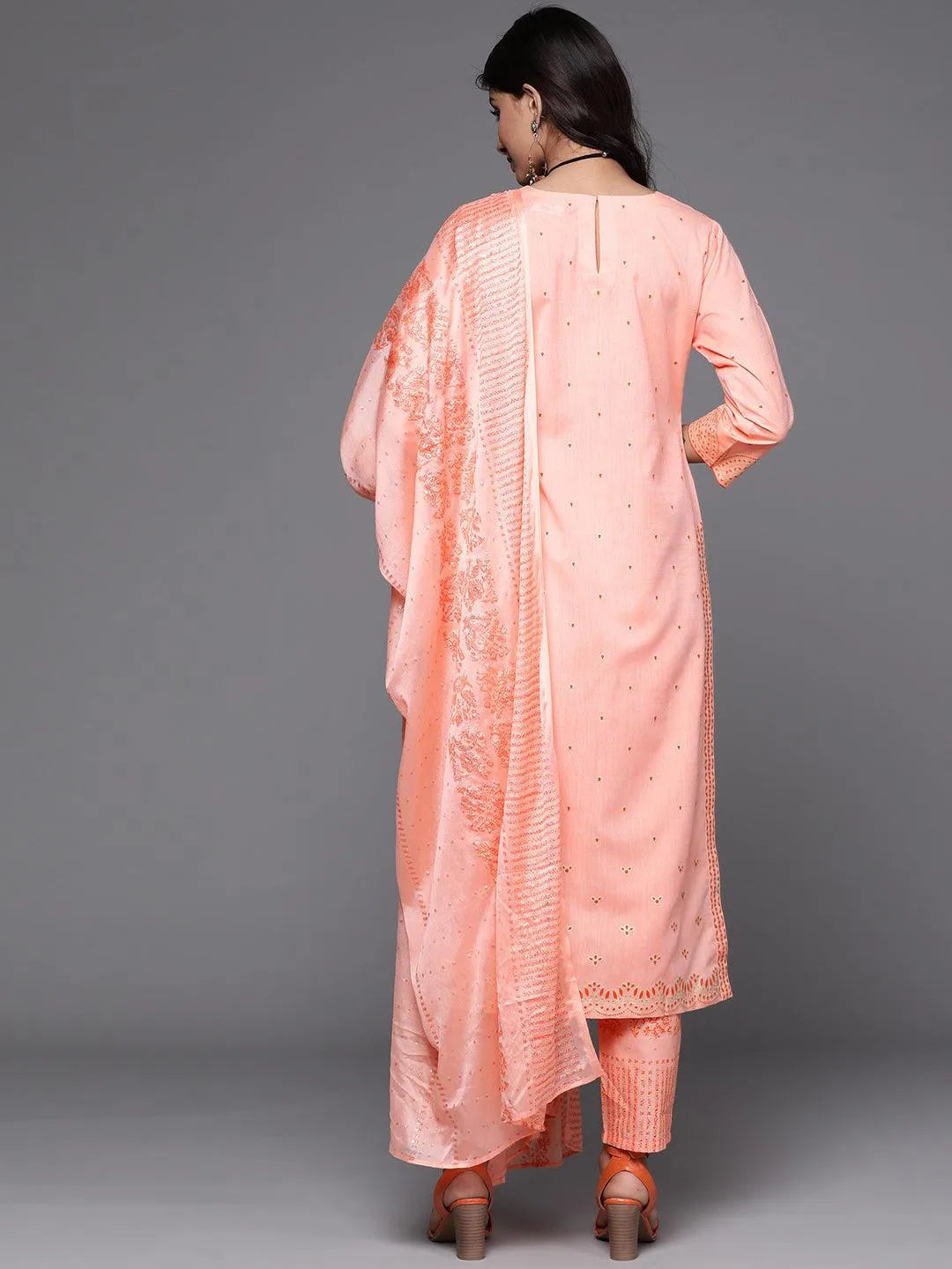 Peach Printed Cotton Suit Set - Libas