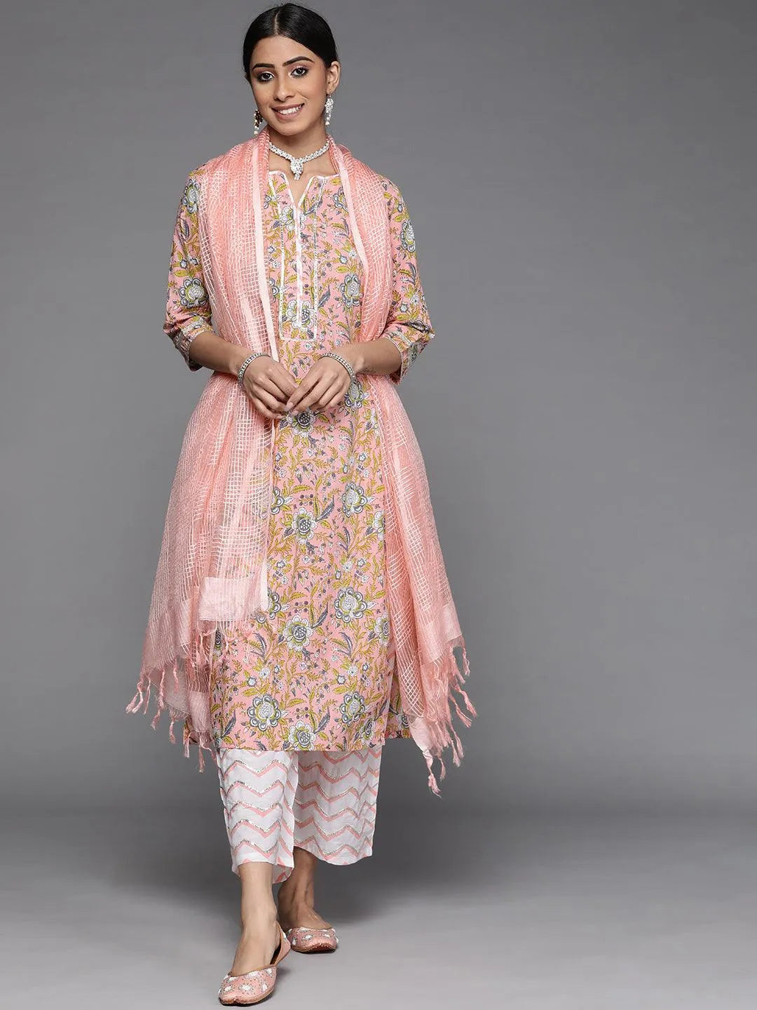 Peach Printed Cotton Suit Set - Libas 