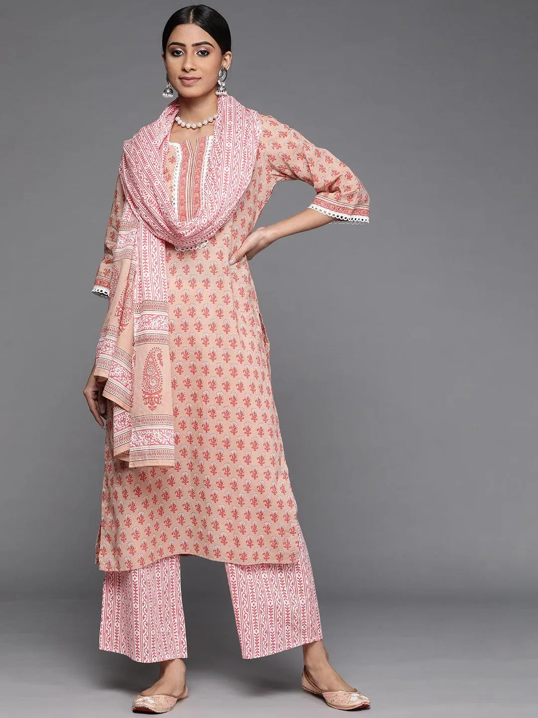 Peach Printed Cotton Suit Set - Libas 